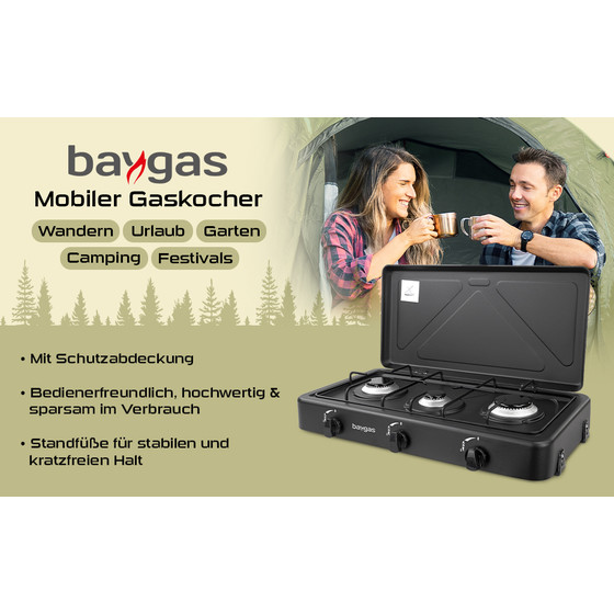 Baygas Mobiler Gaskocher 3-flammig schwarz