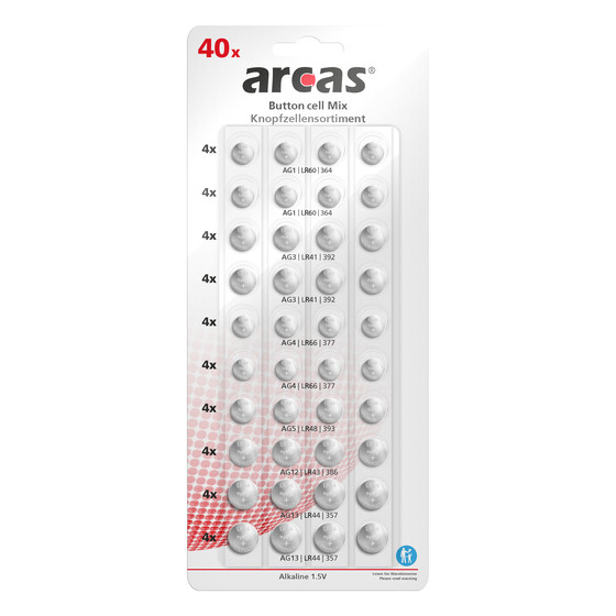 ARCAS Alkaline AG Knopfzellenset 40tlg. (8xAG1, 8xAG3, 8xAG4, 4xAG5, 4xAG12, 8xAG13)