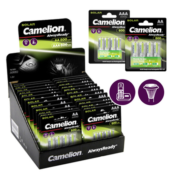 CAMELION Ni-MH AlwaysReady AA800 BP4/AAA600 BP4 D28 / Solar AlwaysReady Mix Display bestehend aus: 16x AAA 600mAh BP4 + 12x AA 800mAh BP4