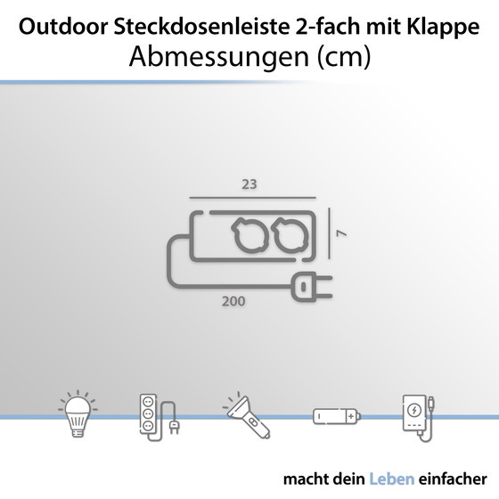 ARCAS Outdoor Steckdosenleiste 2-fach mit Klappe / Farbe: schwarz / IP44 / Querschnitt 1,5mm� / 2x Schukostecker