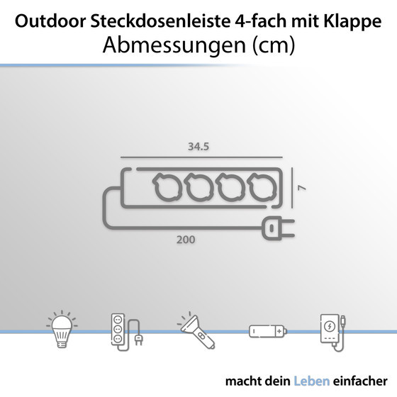 ARCAS Outdoor Steckdosenleiste 4-fach mit Klappe / Farbe: schwarz / IP44 / Querschnitt 1,5mm� / 4x Schukostecker