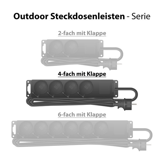 ARCAS Outdoor Steckdosenleiste 4-fach mit Klappe / Farbe: schwarz / IP44 / Querschnitt 1,5mm� / 4x Schukostecker