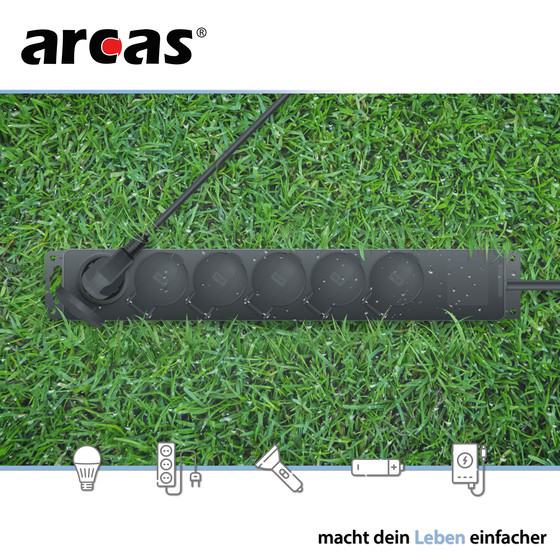 ARCAS Outdoor Steckdosenleiste 6-fach mit Klappe / Farbe: schwarz / IP44 / Querschnitt 1,5mm� / 6x Schukostecker