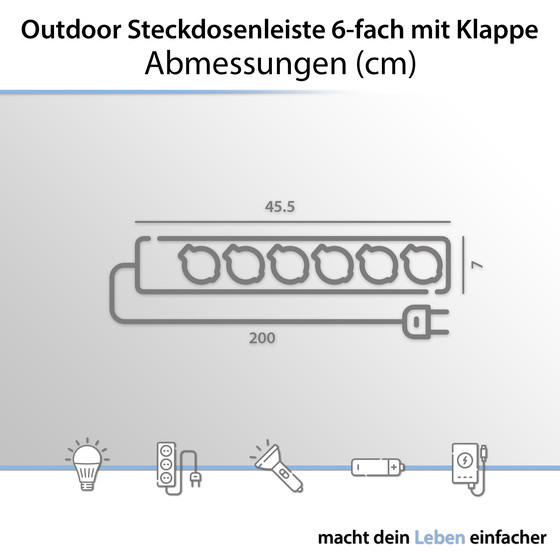 Outdoor 6-way socket with self-closing flap / color: black / IP44 / cross section 1,5mm� / 6 x Schuko plug