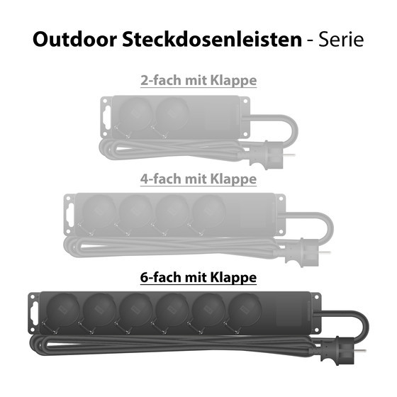 Outdoor 6-way socket with self-closing flap / color: black / IP44 / cross section 1,5mm� / 6 x Schuko plug