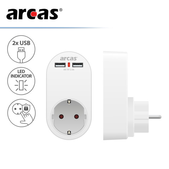 ARCAS Schuko adapter plug 1-way with 2 x USB charging port 2400mAh (max) / Color: white
