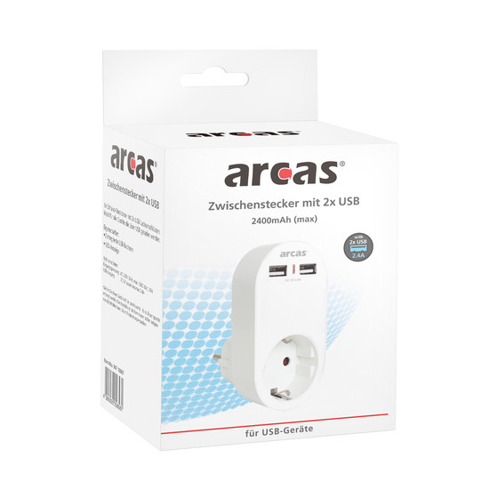 ARCAS Zwischenstecker Schuko 1-fach m. 2 x USB Ladeanschluss 2400mAh (max) / Farbe: wei�
