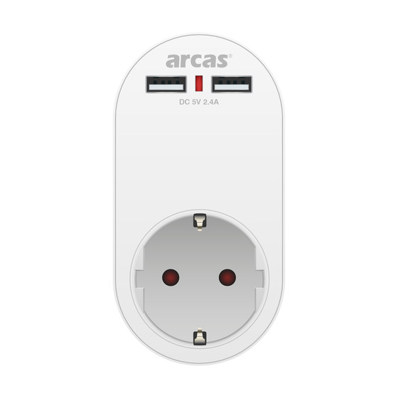 ARCAS Zwischenstecker Schuko 1-fach m. 2 x USB Ladeanschluss 2400mAh (max) / Farbe: wei�