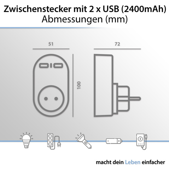 ARCAS Zwischenstecker Schuko 1-fach m. 2 x USB Ladeanschluss 2400mAh (max) / Farbe: wei�