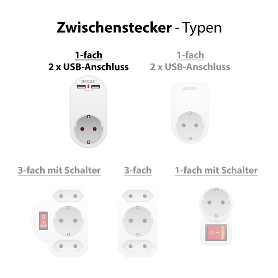 ARCAS Zwischenstecker Schuko 1-fach m. 2 x USB Ladeanschluss 2400mAh (max) / Farbe: wei�