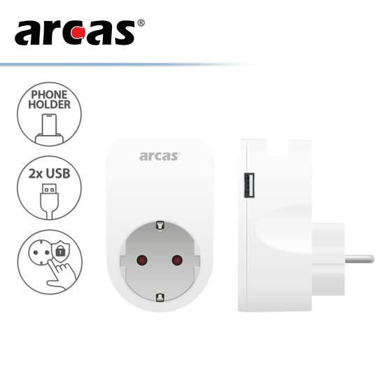 ARCAS Zwischenstecker Schuko 1-fach m. 2 x USB Ladeanschluss + Handyhalterung 3400mAh (max) / Farbe: wei�