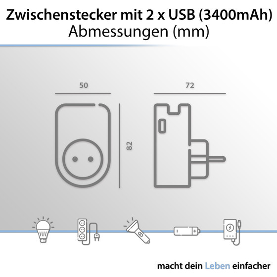 ARCAS Zwischenstecker Schuko 1-fach m. 2 x USB Ladeanschluss + Handyhalterung 3400mAh (max) / Farbe: wei�