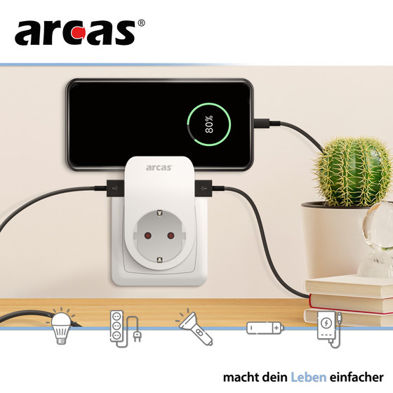 ARCAS Zwischenstecker Schuko 1-fach m. 2 x USB Ladeanschluss + Handyhalterung 3400mAh (max) / Farbe: wei�