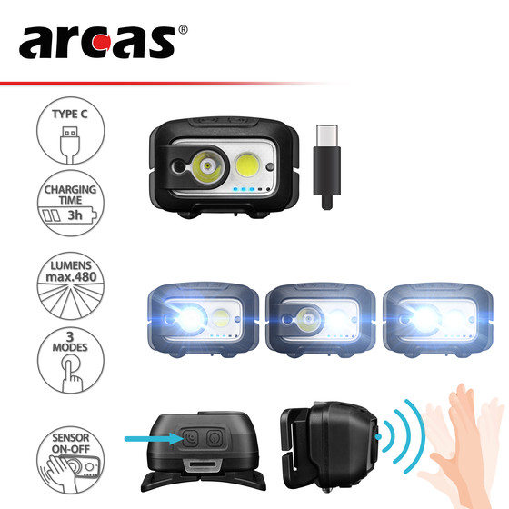 ARCAS 9W Sensor Kopflampe wiederaufladbar
