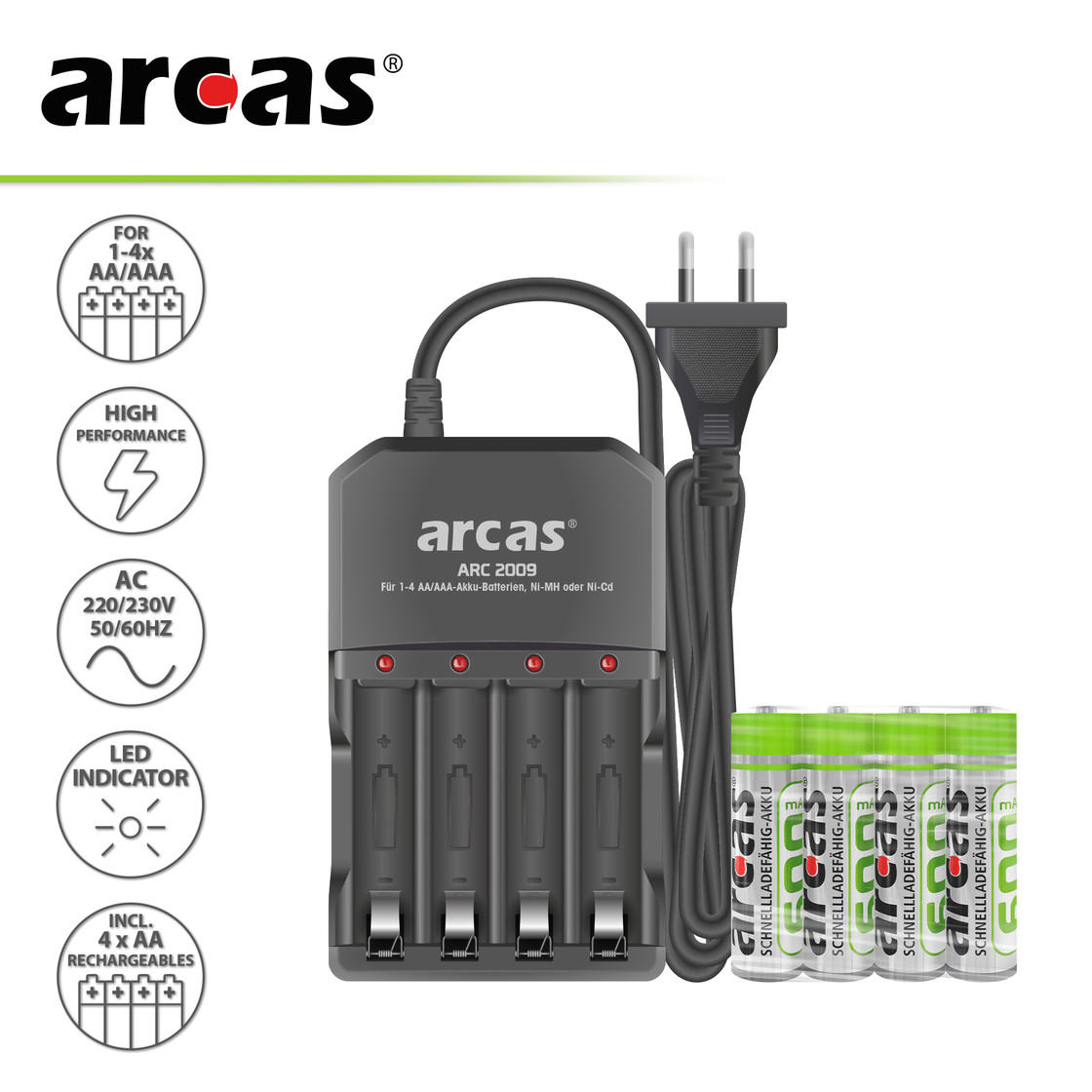 Arcas 2 Piles Rechargeable AAA 600 mAh Nimh + Chargeur Usb